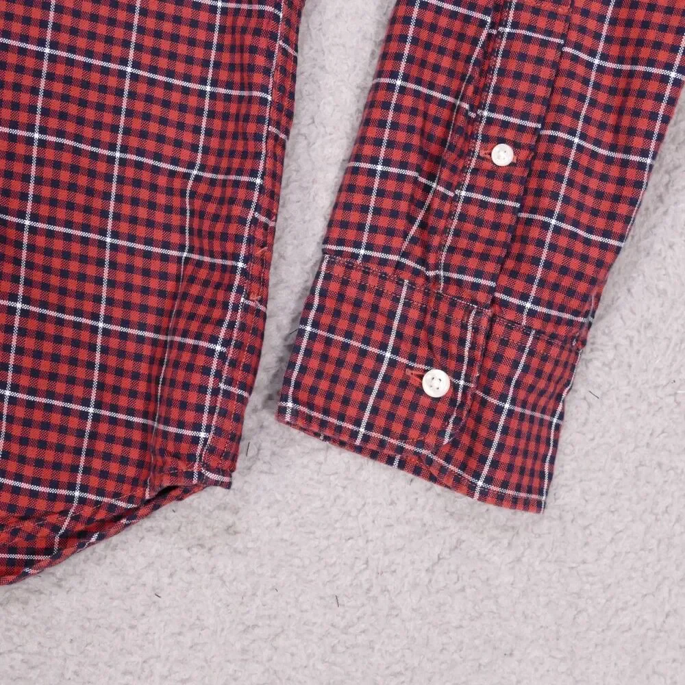 J Crew Oxford Shirt Mens Large SLIM Fit Orange Blue Plaid Button Up Long Sleeve